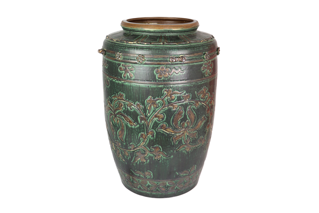 Imitative-antique ceramic jar with brown chrysanthemum patterns, blue glaze (H60 cm)