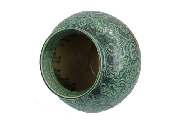 Imitative-antique ceramic vase with chrysanthemum patterns, blue glaze (H23 cm)