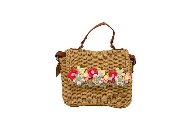 Rectangle Seagrass Bag With Leather Hand Straps And Attached Flowers Lid