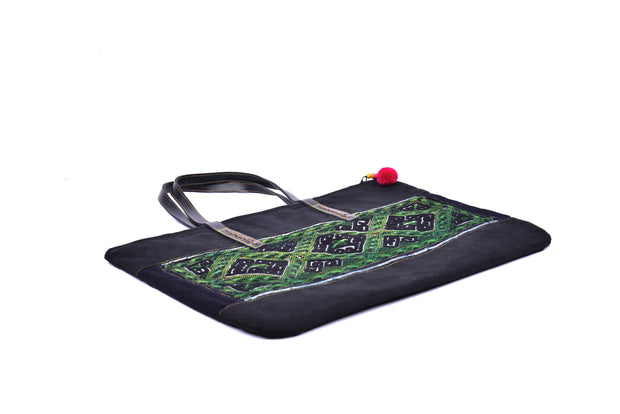 Suede Flat Bag with Hmong Brocade Pattern - Leather Straps