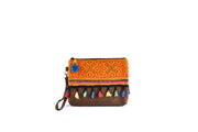 Small Suede Flat Purse with Bristling Woolen Balls and Traditional Brocade Pattern