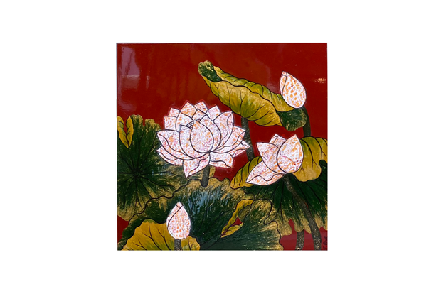 Lotus lacquer painting inlaid with egg mosaic, size 30x30 cm