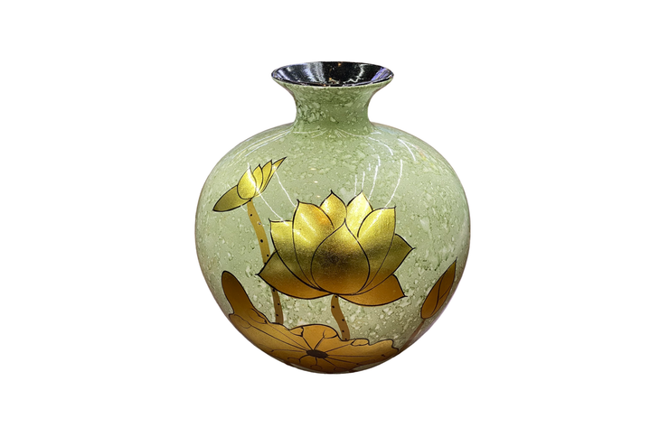 Lacquered Ceramic Vase Golden Inlaided with Fengshui-Shaped and Lotus motifs (H25cm)