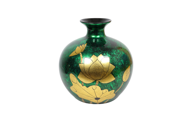 Lacquered Ceramic Vase Golden Inlaided with Fengshui-Shaped and Lotus motifs (H25cm)