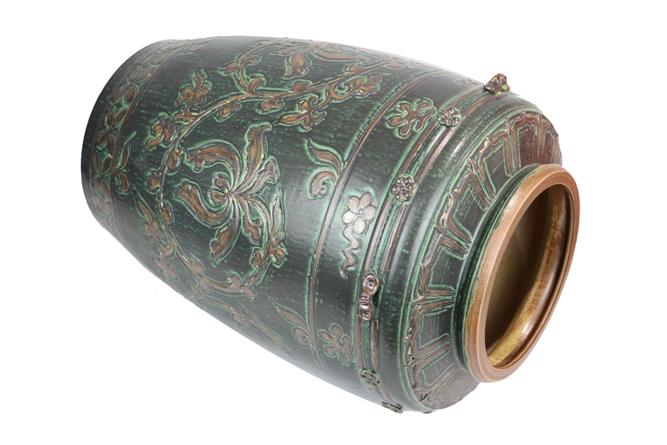 Imitative-antique ceramic jar with brown chrysanthemum patterns, blue glaze (H60 cm)