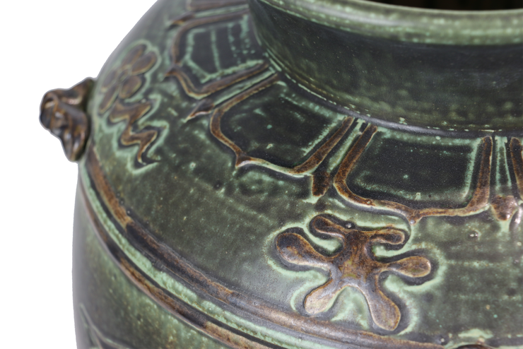 Imitative-antique ceramic jar with brown chrysanthemum patterns, blue glaze (H45cm)