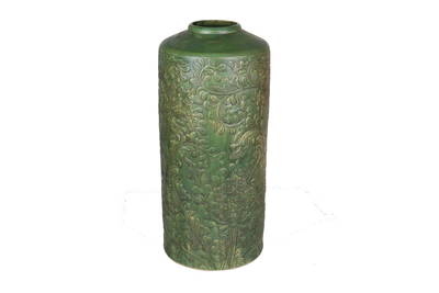 Small imitative-antique ceramic vase with chrysanthemum patterns, bell shape, blue glaze (H65cm)