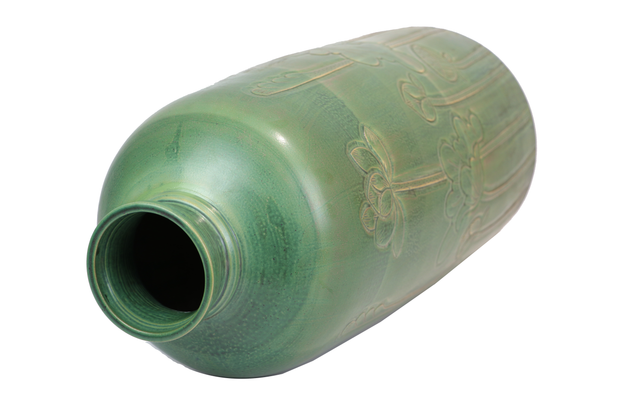 Small imitative-antique ceramic vase with chrysanthemum patterns, bell shape, blue glaze (H65cm)