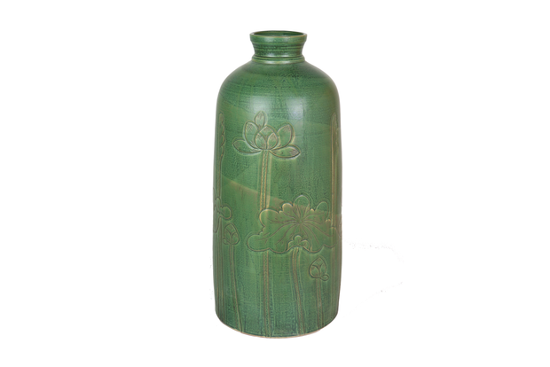 Small imitative-antique ceramic vase with chrysanthemum patterns, bell shape, blue glaze (H65cm)