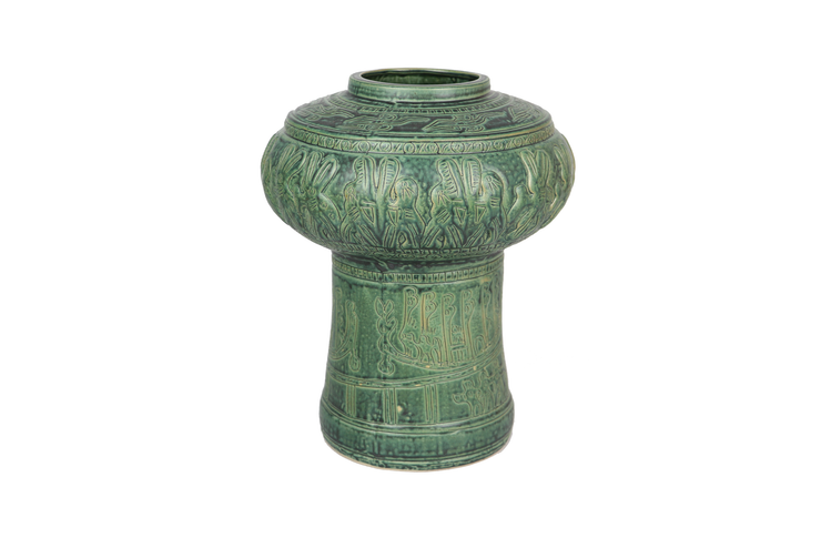Small imitative-antique ceramic vase with copper drum shape, blue glaze (H34)