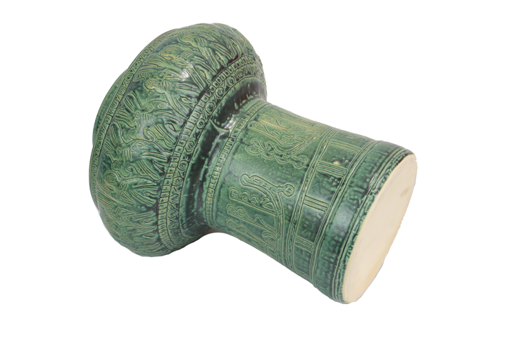 Small imitative-antique ceramic vase with copper drum shape, blue glaze (H34)