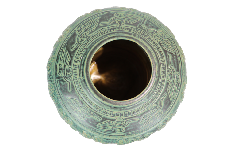 Small imitative-antique ceramic vase with copper drum shape, blue glaze (H34)