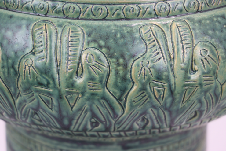 Small imitative-antique ceramic vase with copper drum shape, blue glaze (H34)