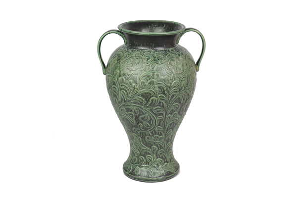 Imitative-antique ceramic vase with two handle and chrysanthemum patterns, blue glaze (H48 cm)