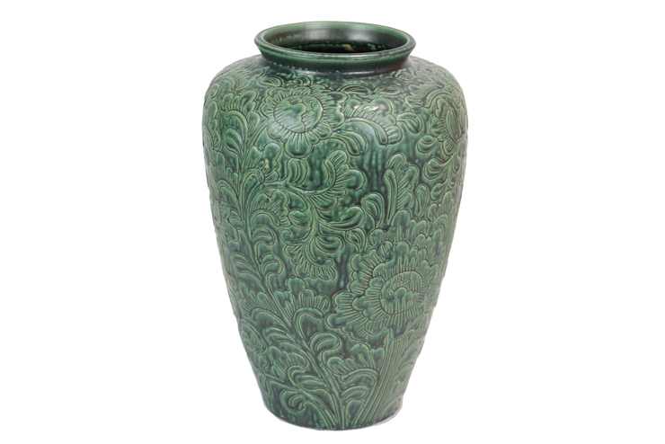 Imitative-antique ceramic vase with chrysanthemum patterns, oleaster shape, blue glaze (H35 cm)