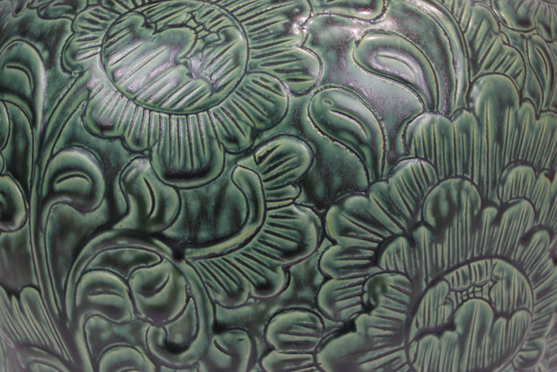 Imitative-antique ceramic vase with chrysanthemum patterns, garlic shape, blue glaze (H28 cm)