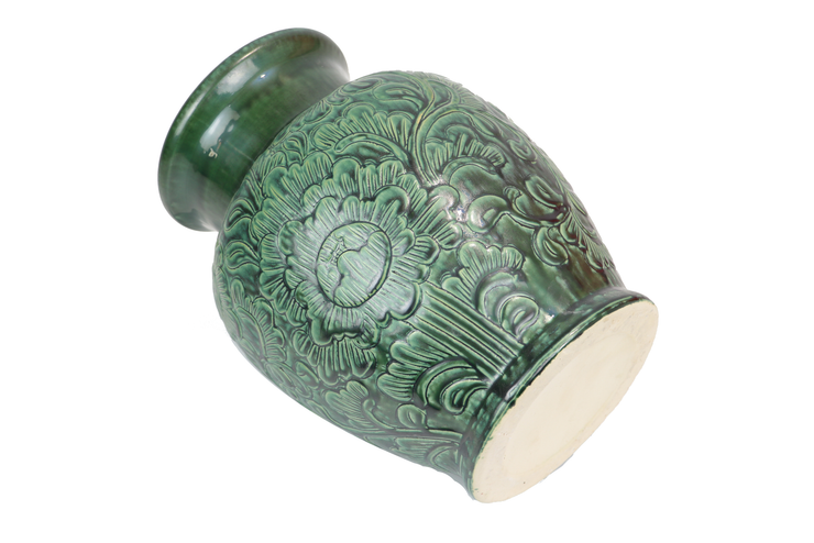 Imitative-antique ceramic vase with chrysanthemum patterns, garlic shape, blue glaze (H28 cm)
