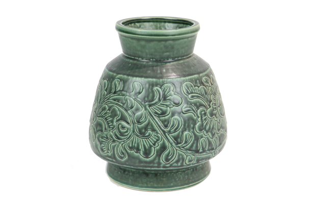 Imitative-antique ceramic vase with chrysanthemum patterns, pot shape, blue glaze (H21 cm)