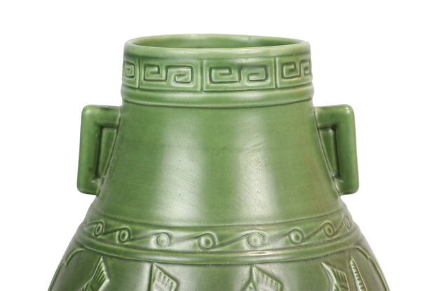 Imitative-antique ceramic vase with copper drum patterns, square handle, blue glaze (H30 cm)