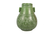 Imitative-antique ceramic vase with copper drum patterns, square handle, blue glaze (H30 cm)