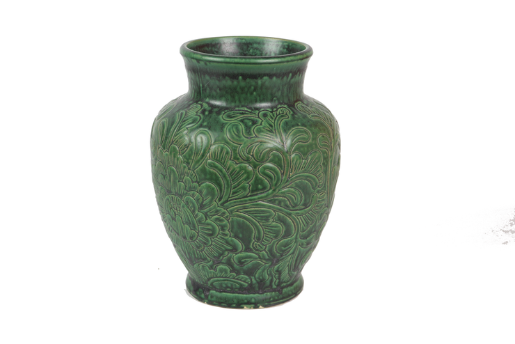 Imitative-antique ceramic vase with chrysanthemum patterns, short shape, blue glaze (H25 cm)