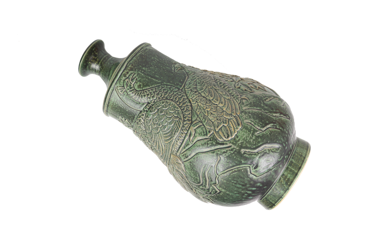 Imitative-antique ceramic vase with peacook patterns, blue glaze (H35 cm)