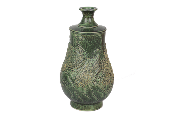 Imitative-antique ceramic vase with peacook patterns, blue glaze (H35 cm)
