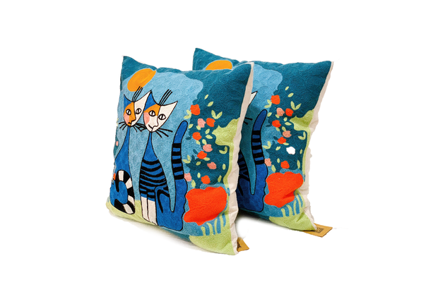 Square Linen Pillowcase 45X45 cm With Hand-Sewn Cat Couples Pattern