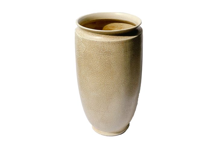 Tall Imitative-Antique White Ceramic Vase With Brown-Lotus Pattern And Tighten-Mouth.