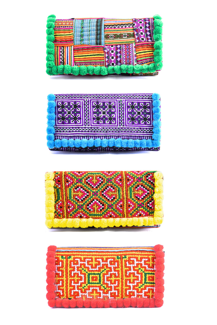 Folded Rectangular Purse with Woolen Balls on Fringe and Traditional Brocade Pattern