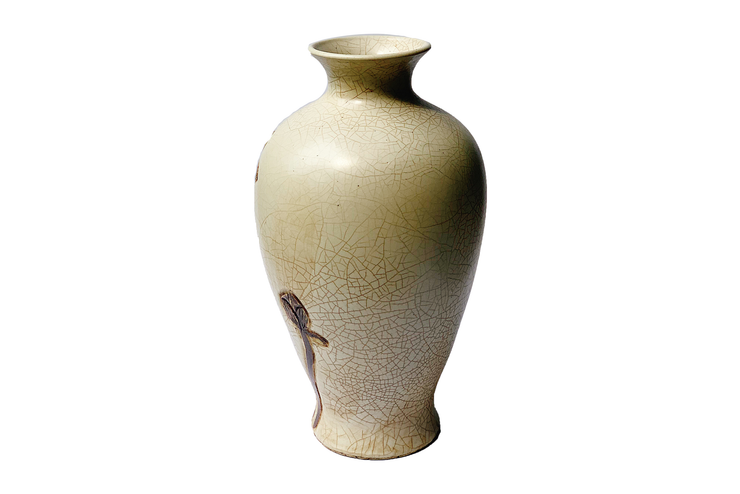 Tall Imitative-Antique Vase With Brown-Lotus Pattern And Tighten-Mouth, Made of White-Ceramic
