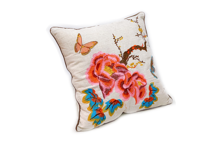 Square Linen Pillowcase 45X45 cm With Embroidered Rose, Butterfly And Tree Patterns