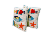 Square Linen Pillowcase 45X45 cm With Embroidered 3 Fishes And 2 Sea-stars Patterns