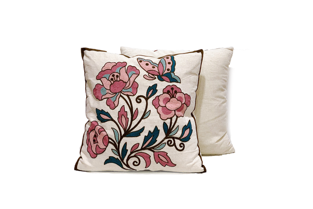 Square Linen Pillowcase 45 x 45 cm With Embroidered Rose, And Butterfly Pattern
