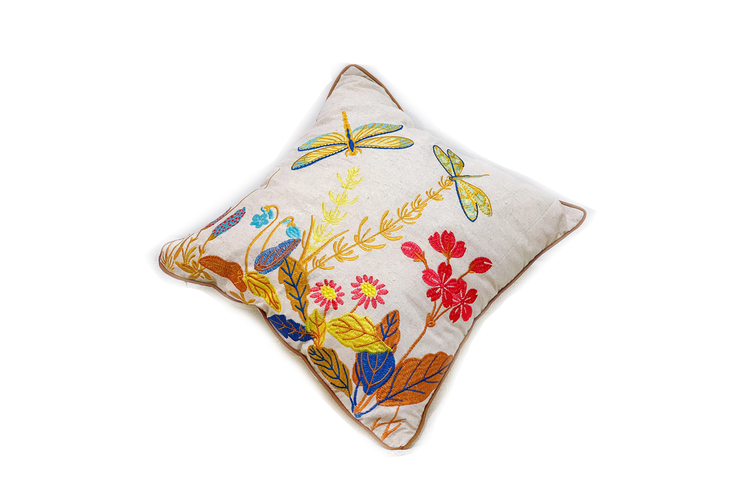Square Linen Pillowcase 45X45 cm With Hand-Sewn Dragonfly And Floral Patterns