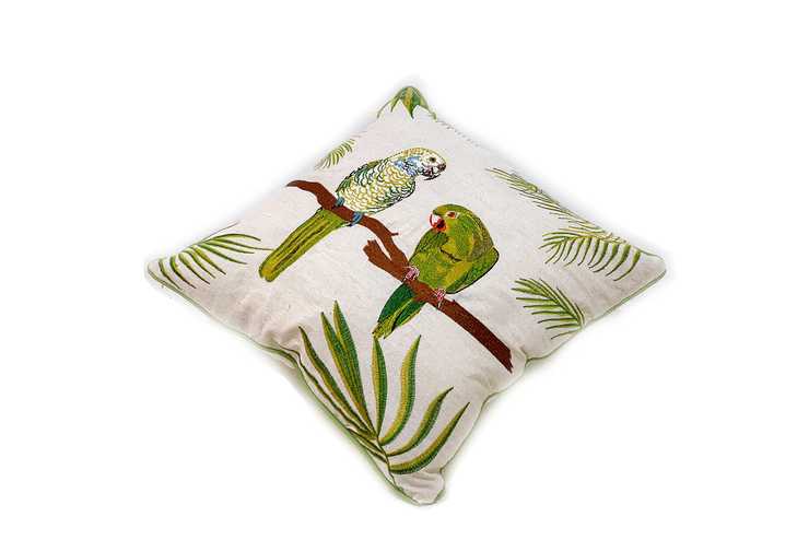 Square Linen Pillowcase 45X45 cm With Two Embroidered Parrots Pattern