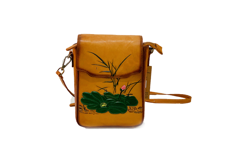 Cow Leather Handbag With Printed Lotus 8241