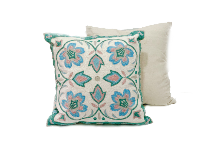 Square Embroidered Linen Pillowcase With 4 Wings Flower Pattern, Floral Border