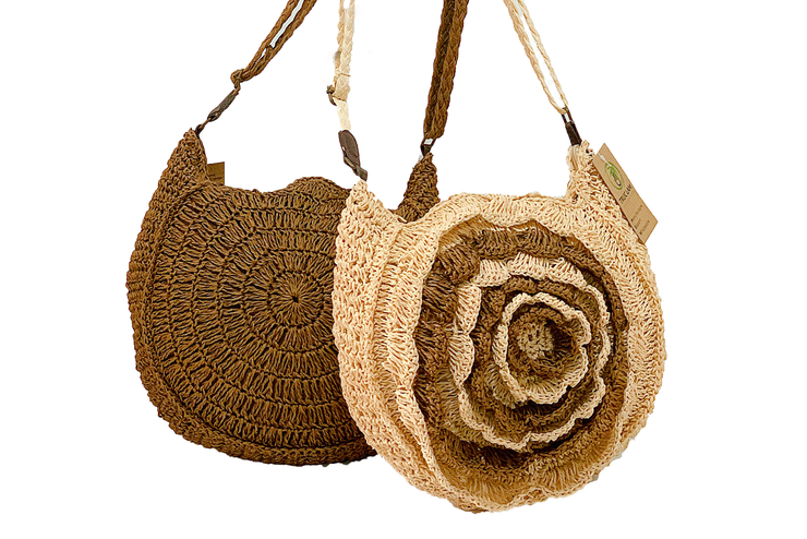 Seagrass Bag With Big Layered Flower And Long Shoulder Straps