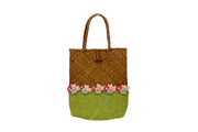 Flat Glossy Long Bamboo Bag With Round Hemp Cloth Base And Linen Flower