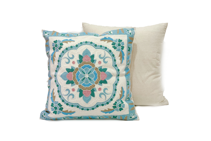 Square Embroidered Linen Pillowcase With 4 Sharp Wings Flower Pattern