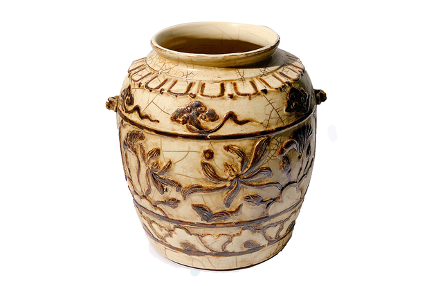 Small Imitative-Antique Vase, Chrysanthemum Decorated, Tran's Dynasty of XIII-XIV Century Brown-Ceramic