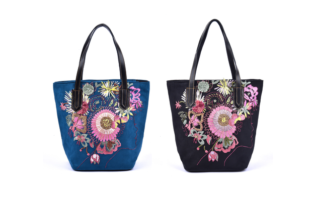 Large Suede Handbag with Square Bottom and Hand-sewn Flowers Pattern