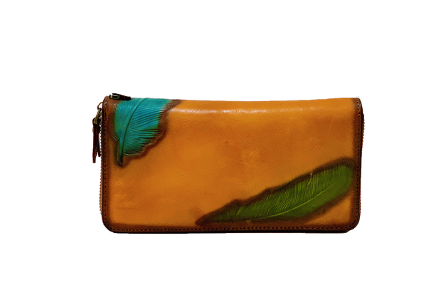 Cow Leather Wallet Zipper With Feather Patterns 1058