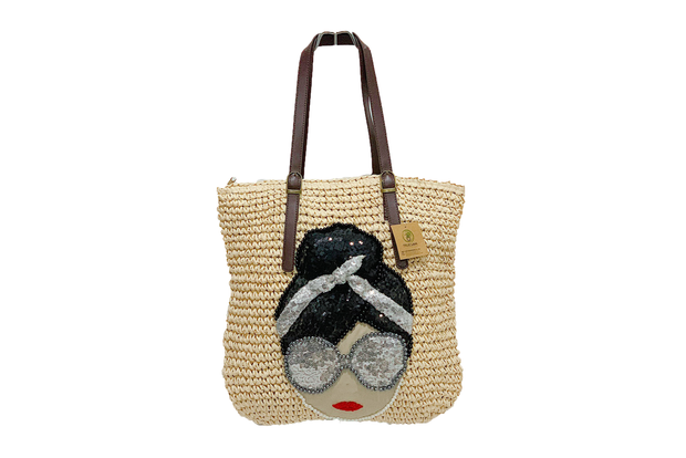 Seagrass Tote Bag With Real Leather Straps and Beaded Pattern