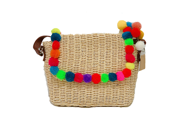 Rectangle Seagrass Bag With Color Balls On Leather Lid And Leather Shoulder Straps