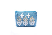 Trapezoid Hemp Purse With Hand-Sewn Glass Beads "Birds and Trees" Patterns