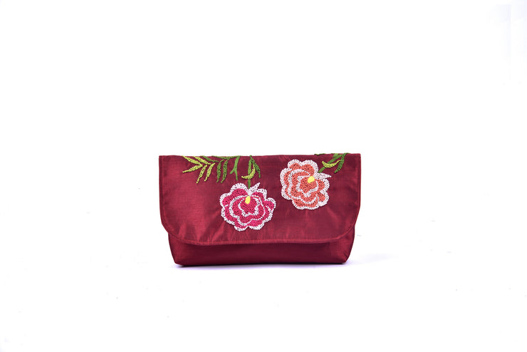 Rectangular Taffeta Purse with Hand-sewn Glass Bead Rose Patterns on Lid