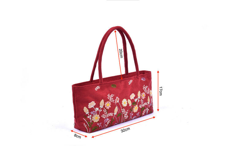 Suede Handbag with Hand-sewn Glass Bead Flowers and Grass Patterns
