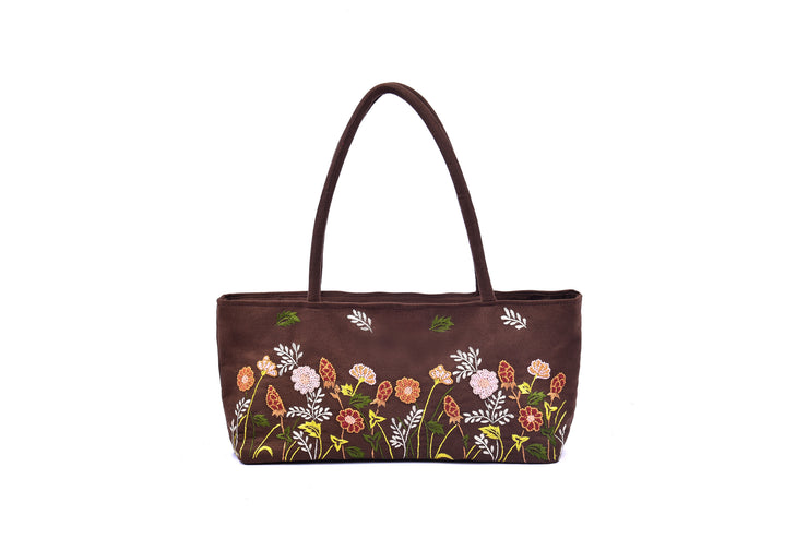 Suede Handbag with Hand-sewn Glass Bead Flowers and Grass Patterns